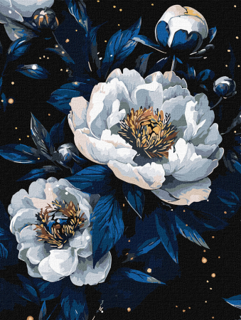 Dimensiuni medii si mici - Set pictura pe numere, cu sasiu, Constelatie de flori - extra culori metalizate, 30x40 cm