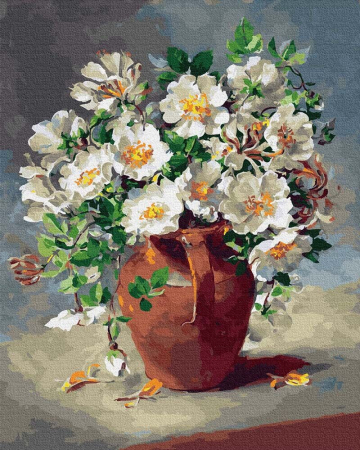 Picturi pe numere - Set pictura pe numere, cu sasiu, Flori albe in ulcior, 40x50 cm