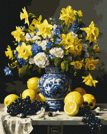 Picturi pe numere - Set pictura pe numere, cu sasiu, Natura statica cu narcise si lamai, 40x50 cm