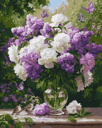 Picturi pe numere - Set pictura pe numere, cu sasiu, Liliac, bujori si fluturi, 40x50 cm