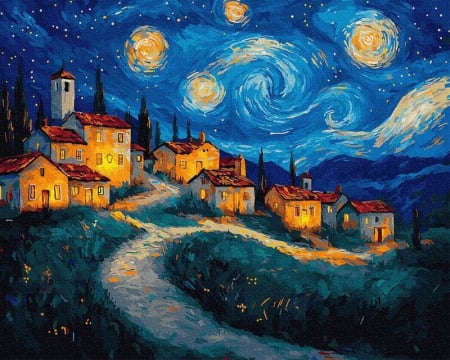 Picturi pe numere - Set pictura pe numere, cu sasiu, Sat sub noapte instelata, 40x50 cm