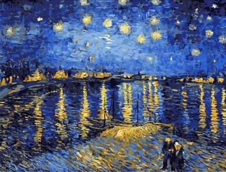 Dimensiune clasica 40x50cm - Set pictura pe numere, cu sasiu, Noapte instelata deasupra Rhonului - van Gogh, 40x50 cm