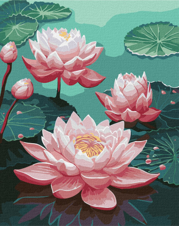 Set pictura pe numere, cu sasiu, Nuferi roz, 40x50 cm [0]