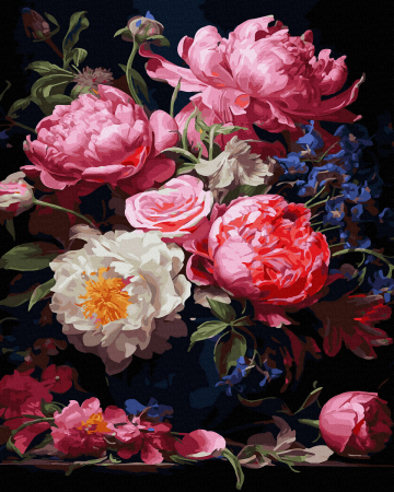 Picturi pe numere - Set pictura pe numere, cu sasiu, Bujori si trandafiri, 40x50 cm