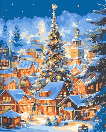 Picturi pe numere - Set pictura pe numere, cu sasiu, Orasel decorat de Craciun, 40x50 cm