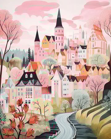 Set pictura pe numere, cu sasiu, Orasel incantator de roz, 40x50 cm