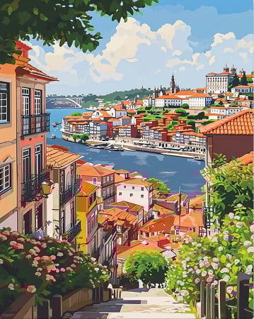 Dimensiune clasica 40x50cm - Set pictura pe numere, cu sasiu, Vedere spre rau, in Porto, 40x50 cm