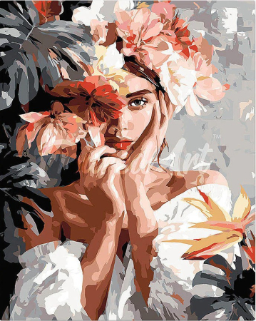 Dimensiune clasica 40x50cm - Set pictura pe numere, cu sasiu, Fata tanara si flori, 40x50 cm