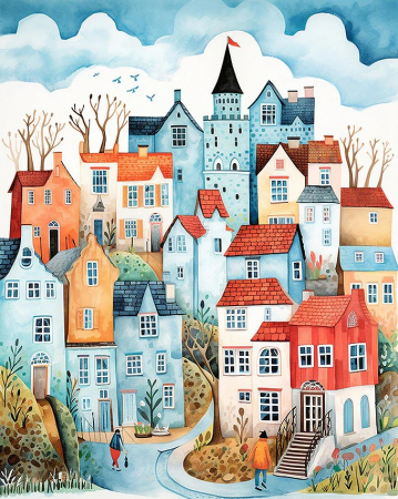 Set pictura pe numere, cu sasiu, Orasel incantator bleu, 40x50 cm