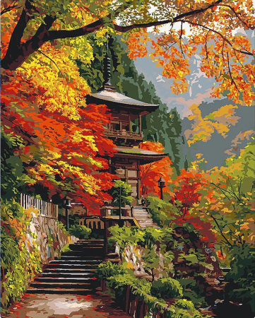 Picturi pe numere 40x50 cm – modele variate pentru toate gusturile - Set pictura pe numere, cu sasiu, Pagoda japoneza toamna, 40x50 cm
