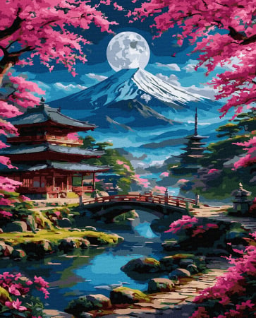 Picturi pe numere - Set pictura pe numere, cu sasiu, Pagoda si luna, 40x50 cm