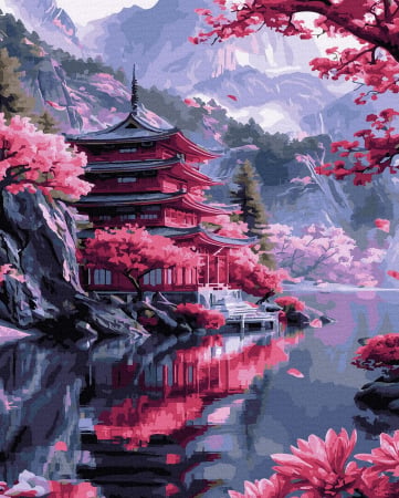 Picturi pe numere - Set pictura pe numere, cu sasiu, Pagoda si sakura, 40x50 cm