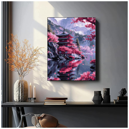 Set pictura pe numere, cu sasiu, Pagoda si sakura, 40x50 cm [3]