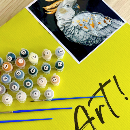 Set pictura pe numere, cu sasiu, Papagal alb auriu - canvas negru, 40x50 cm [9]