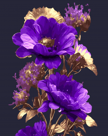 Picturi pe numere - Set pictura pe numere, cu sasiu, Flori violet-aurii, 40x50 cm
