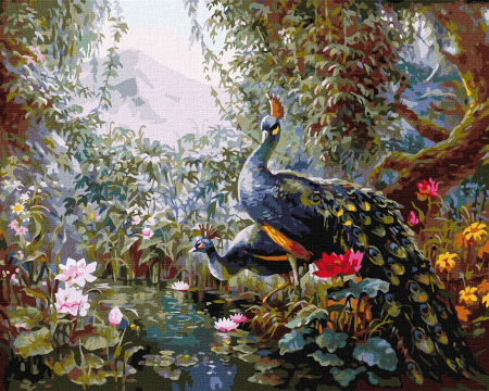 Set pictura pe numere, cu sasiu, Pauni de poveste - Sergey Lobach, 40x50 cm [0]