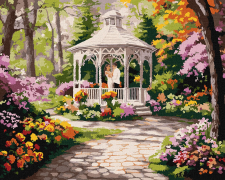 Dimensiune clasica 40x50cm - Set pictura pe numere, cu sasiu, Pavilion cu flori, 40x50 cm