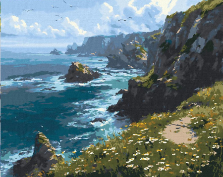 Picturi pe numere 40x50 cm – modele variate pentru toate gusturile - Set pictura pe numere, cu sasiu, Camp inflorit la marginea falezei, 40x50 cm