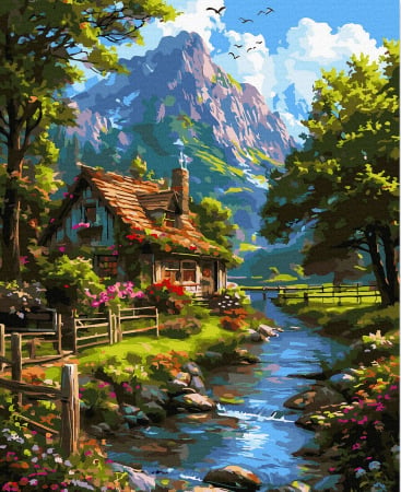 Picturi pe numere - Set pictura pe numere, cu sasiu, Peisaj cu cabana, 40x50 cm