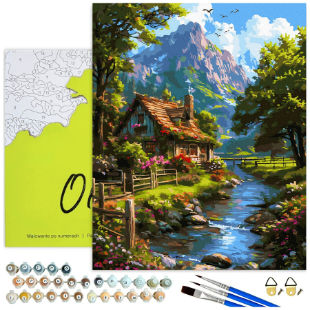 Set pictura pe numere, cu sasiu, Peisaj cu cabana, 40x50 cm [1]