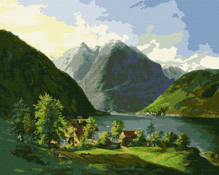 Dimensiune clasica 40x50cm - Set pictura pe numere, cu sasiu, Peisaj cu lac - Carl Franz Gruber, 40x50 cm