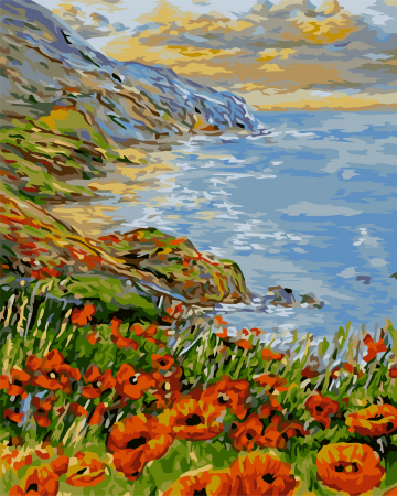 Set pictura pe numere , cu sasiu, Peisaj de coasta cu maci, 40x50 cm [0]