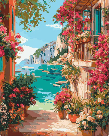 Picturi pe numere 40x50 cm – modele variate pentru toate gusturile - Set pictura pe numere, cu sasiu, Peisaj de pe riviera italiana, 40x50 cm