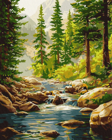 Picturi pe numere 40x50 cm – modele variate pentru toate gusturile - Set pictura pe numere, cu sasiu,Rau in mijlocul padurii,40x50 cm