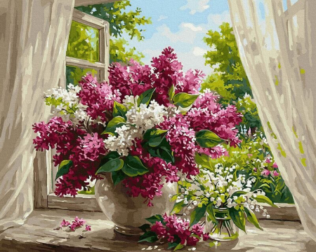 Picturi pe numere - Set pictura pe numere, cu sasiu, Pervaz cu flori, 40x50 cm