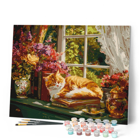 Set pictura pe numere, cu sasiu, Pervazul confortabil al pisicii, 40x50 cm [1]
