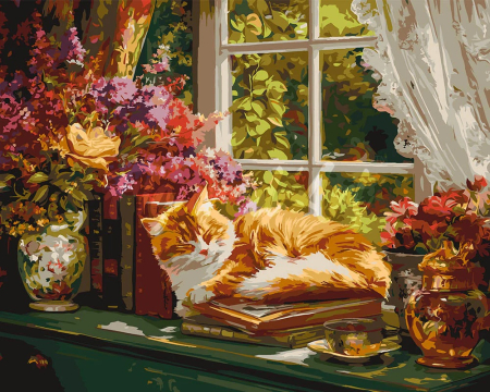 Picturi pe numere 40x50 cm – modele variate pentru toate gusturile - Set pictura pe numere, cu sasiu, Pervazul confortabil al pisicii, 40x50 cm