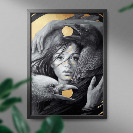 Set pictura pe numere, cu sasiu, Zeita pasarilor nocturne - vopsea aurie, 40x50 cm [2]