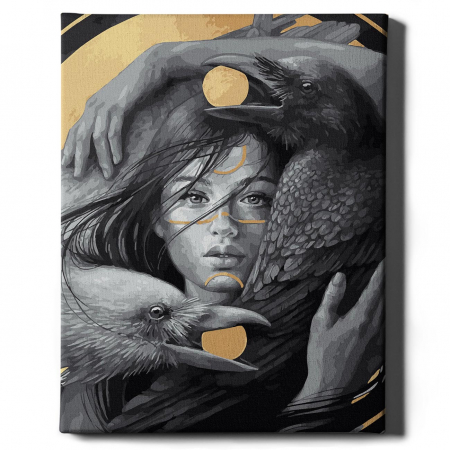 Set pictura pe numere, cu sasiu, Zeita pasarilor nocturne - vopsea aurie, 40x50 cm [1]