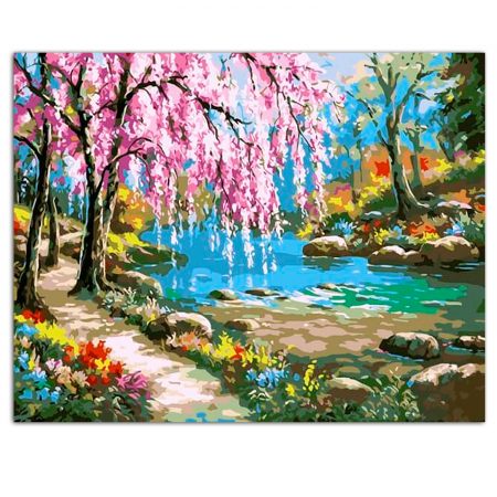 Set pictura pe numere, cu sasiu, Sakura by the river, 40x50 cm [0]