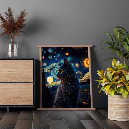 Set pictura pe numere, cu sasiu, Pisica neagra si stelele, 40x50 cm [3]