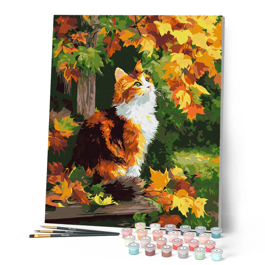 Set pictura pe numere, cu sasiu, Pisica roscata toamna, 40x50 cm [1]