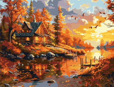 Set pictura pe numere, cu sasiu, Apus toamna la cabana, 40x50 cm