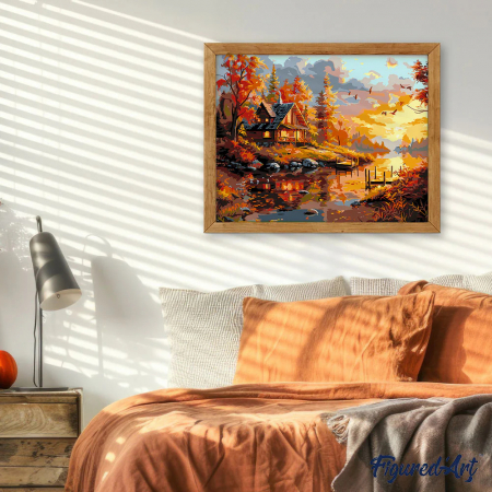 Set pictura pe numere, cu sasiu, Apus toamna la cabana, 40x50 cm [2]