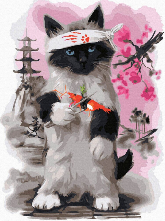Set pictura pe numere, cu sasiu, Pisica sushi, 30x40 cm [0]