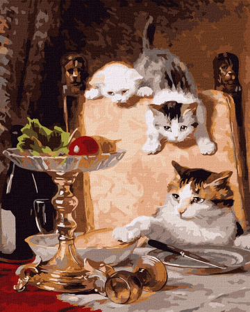 Dimensiune clasica 40x50cm - Set pictura pe numere, cu sasiu, Pisici aristocrate - Henriette Ronner-Knip , 40x50 cm