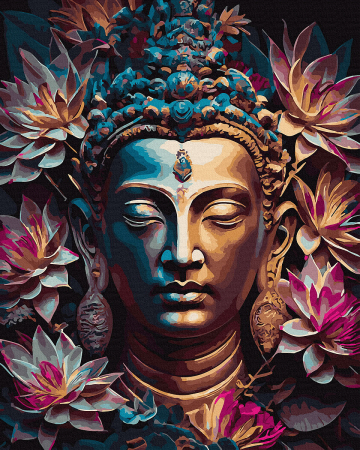 Picturi pe numere - Set pictura pe numere, cu sasiu, Buddha in flori, 40x50 cm