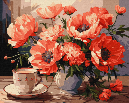 Dimensiune clasica 40x50cm - Set pictura pe numere, cu sasiu, Buchet de maci, 40x50 cm