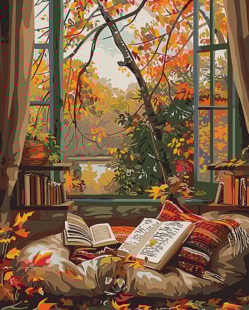 Dimensiune clasica 40x50cm - Set pictura pe numere, cu sasiu, Citind toamna, 40x50 cm