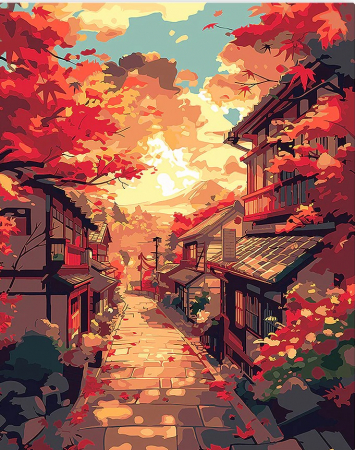Dimensiune clasica 40x50cm - Set pictura pe numere, cu sasiu, Strada toamna in Kyoto, 40x50 cm