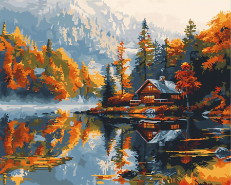 Dimensiune clasica 40x50cm - Set pictura pe numere, cu sasiu, Cabana pe lac, toamna, 40x50 cm