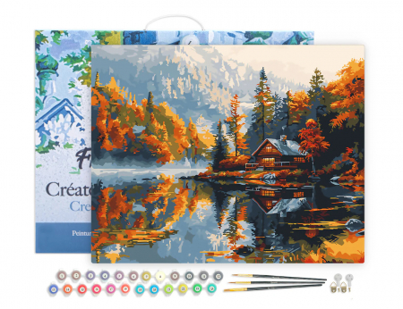 Set pictura pe numere, cu sasiu, Cabana pe lac, toamna, 40x50 cm [1]