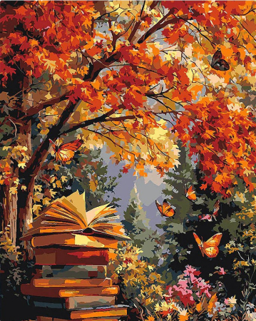 Picturi pe numere 40x50 cm – modele variate pentru toate gusturile - Set pictura pe numere, cu sasiu, Lectura de toamna cu fluturi, 40x50 cm