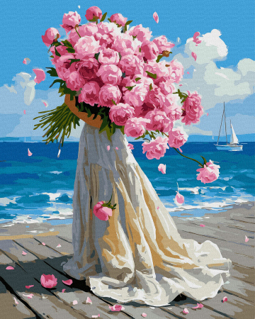 Dimensiune clasica 40x50cm - Set pictura pe numere, cu sasiu, Bujori si mare, 40x50 cm