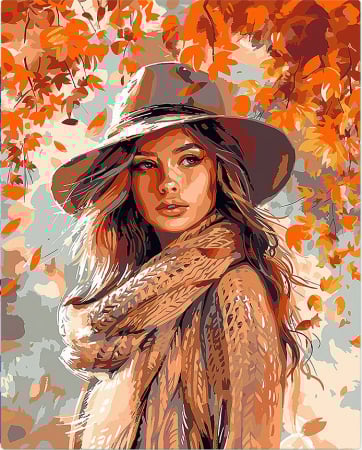 Set pictura pe numere, cu sasiu, Femeie in adierea toamnei, 40x50 cm