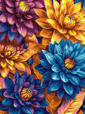 Dimensiuni medii si mici - Set pictura pe numere, cu sasiu, Dalii colorate - extra culori metalizate, 30x40 cm
